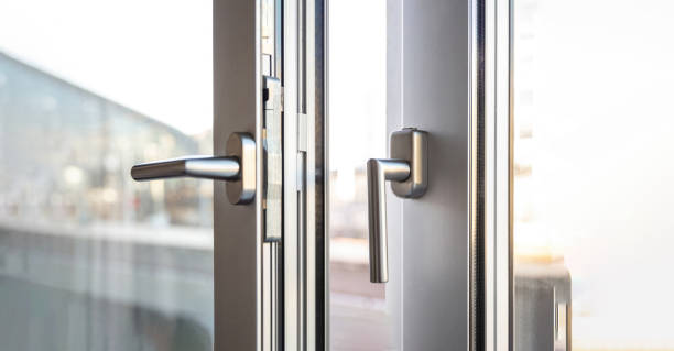 Pvc And Metal Window Close Up, Aluminum Door Window Gray Silver Color  Frame Detail,