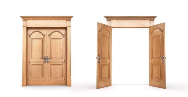 Wooden Doors Isolated On A White. Opened And Closed. 3D Illustration